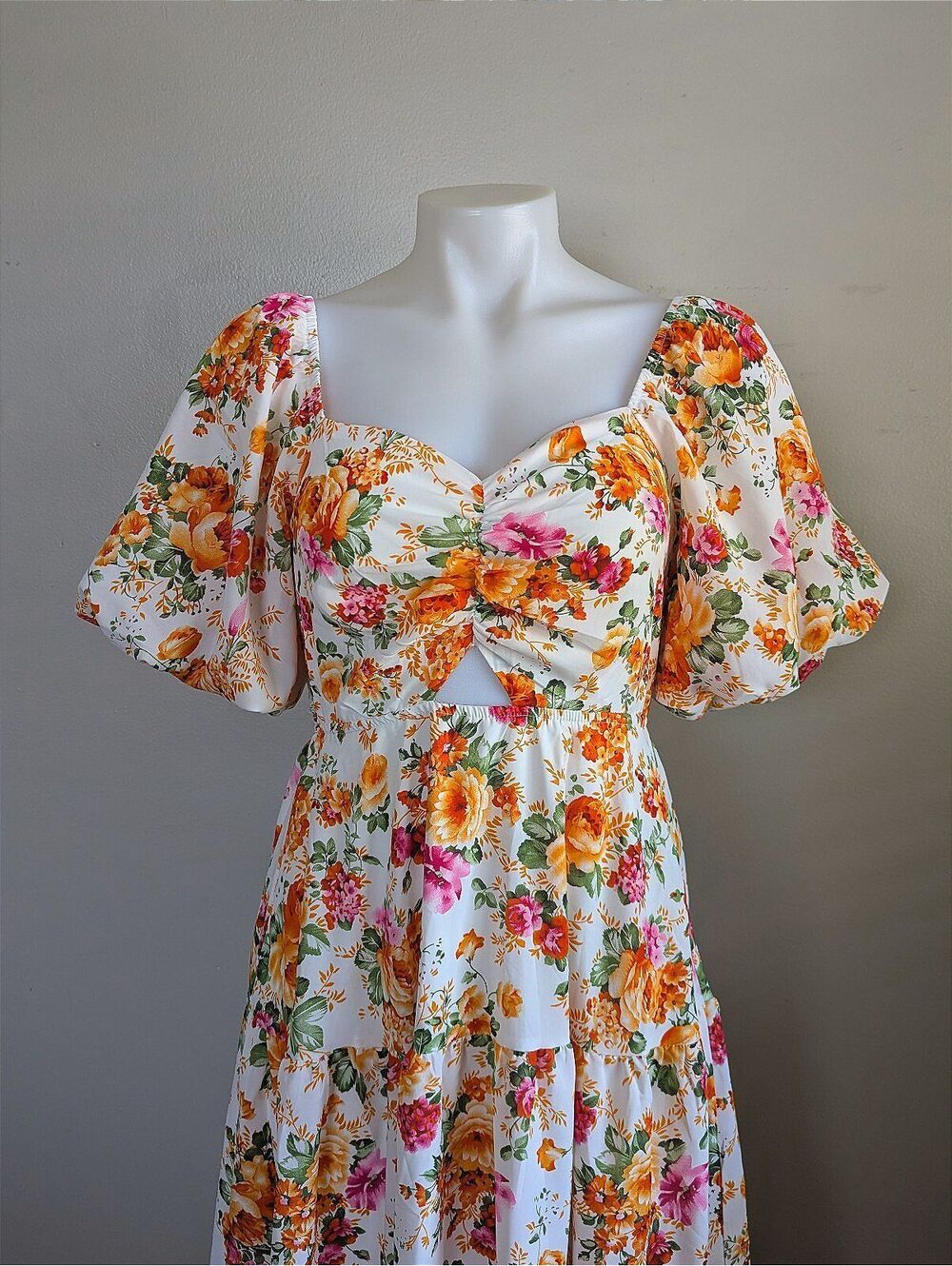 Orange Pink Floral Midi Dress Puff Sleeve Summer Vacation Wedding Guest Sundress